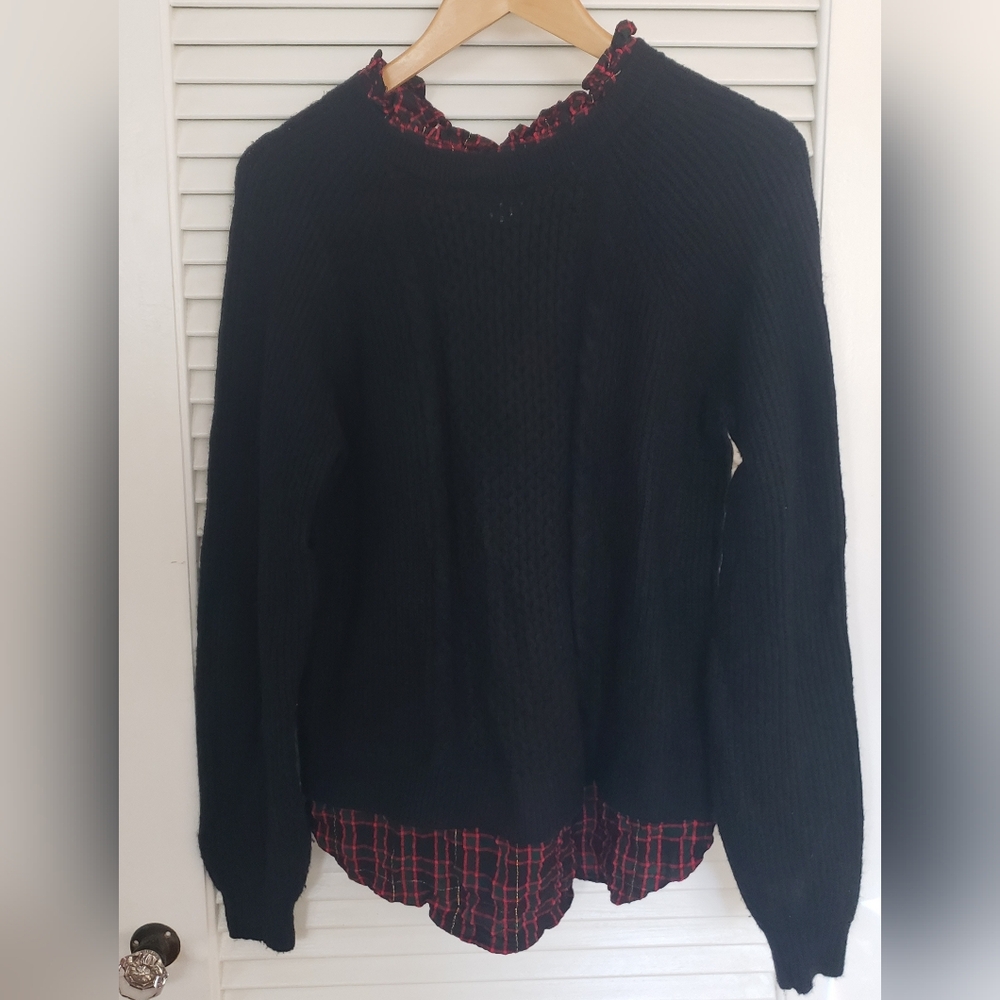 LOFT Black Sweater with Red Plaid Trim